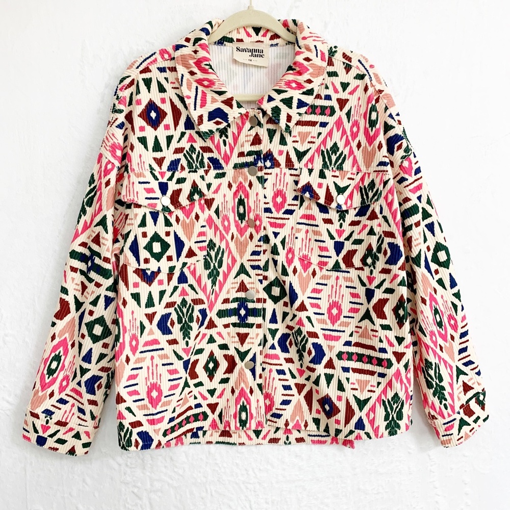 Savanna Jane Aztec Print Corduroy Shirt Jacket Sz 1X - Picture 2 of 12
